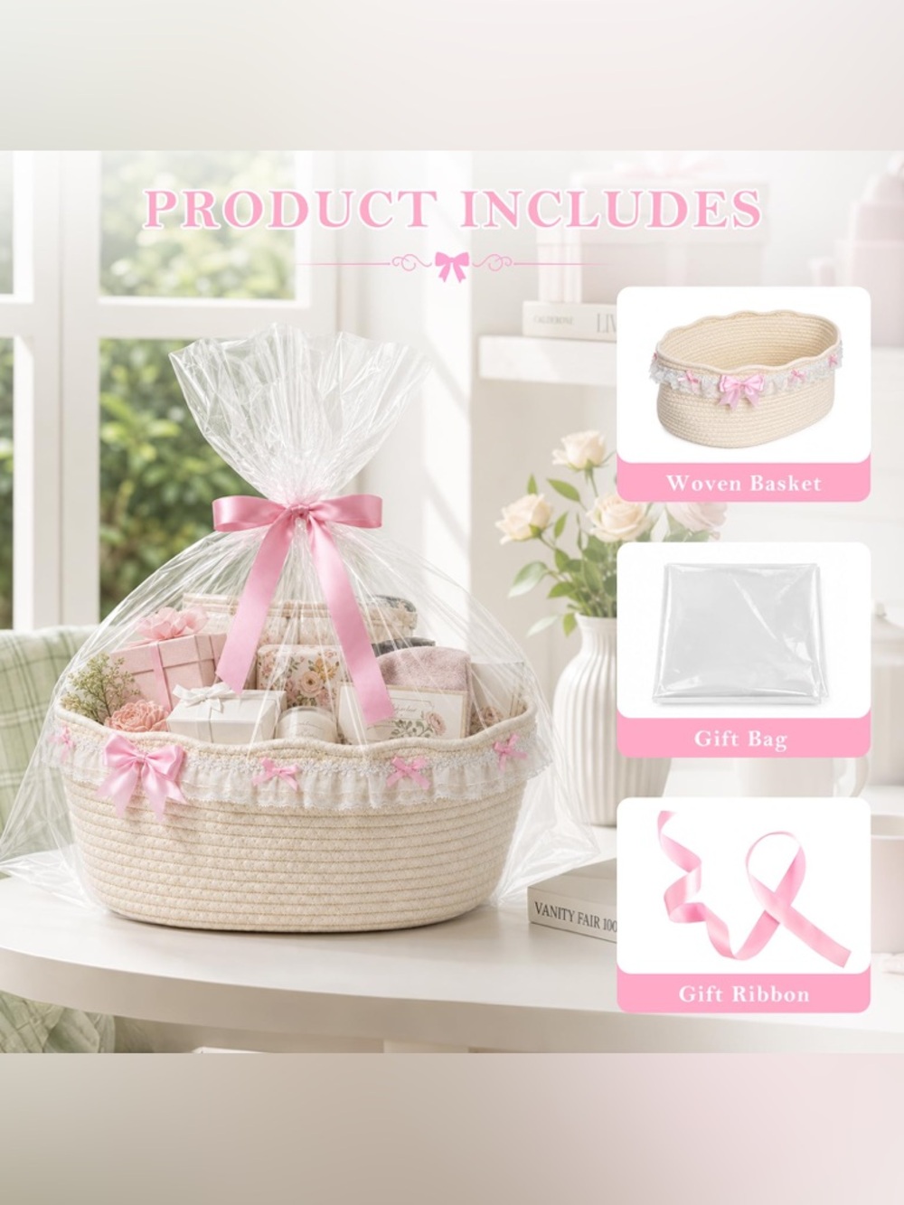 Decorative Pink Ribbon Cotton Rope Gift Basket with Bag & Ribbon - Picture 4 of 14